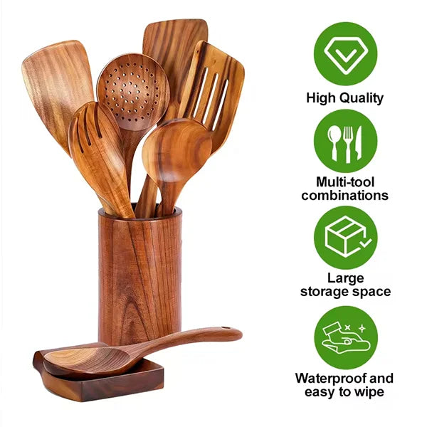In Stock Wooden Kitchenware Set Long Handle Cooking Spatula Soup Spoon Frying Spoon Pot Spatula Stocked Customized