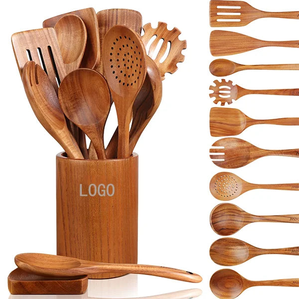 In Stock Wooden Kitchenware Set Long Handle Cooking Spatula Soup Spoon Frying Spoon Pot Spatula Stocked Customized