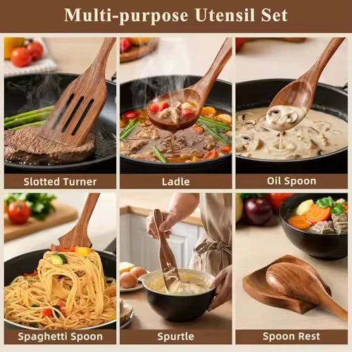 In Stock Wooden Kitchenware Set Long Handle Cooking Spatula Soup Spoon Frying Spoon Pot Spatula Stocked Customized