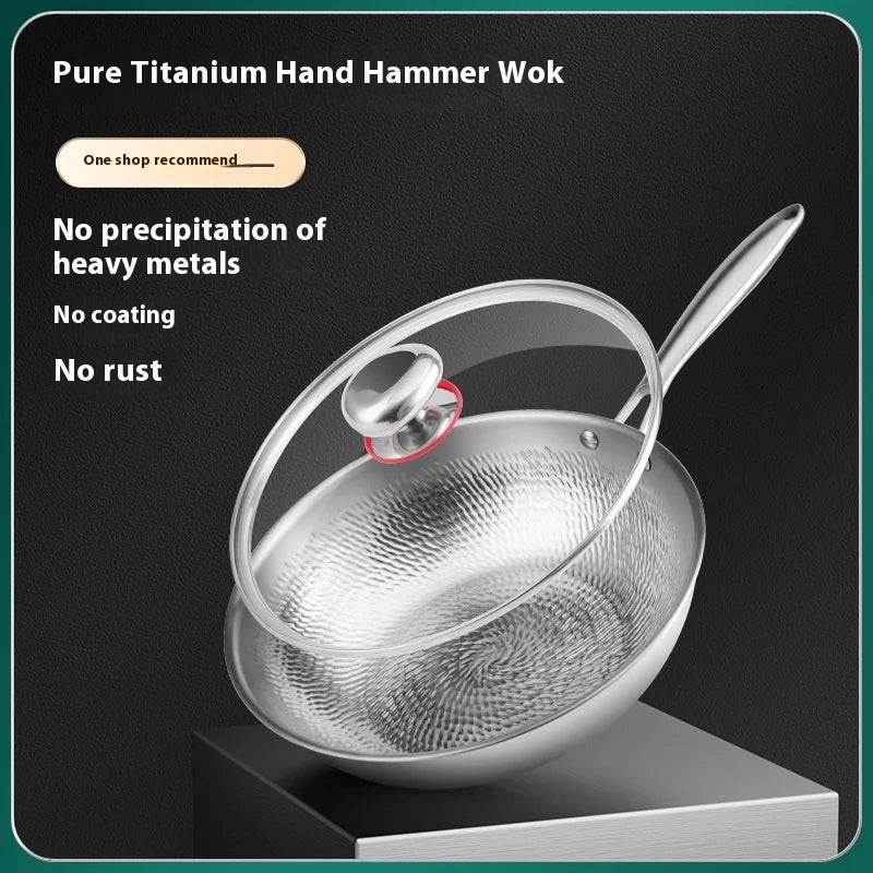 Strictly Selected Pure Titanium Pan Uncoated Non-Stick Flat-bottomed Pan with Handmade Hammer Pattern Zhangqiu Metal Kitchenware