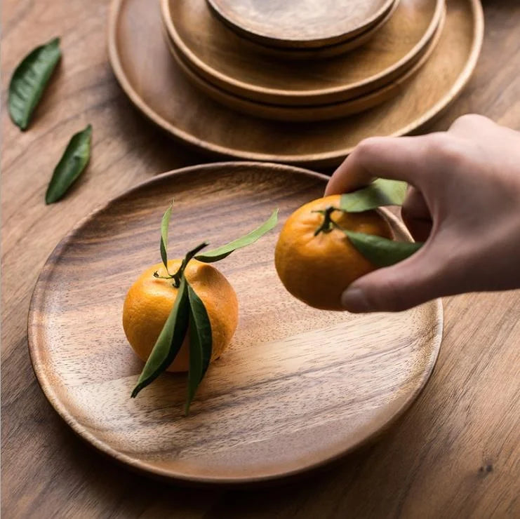 Natural Wooden Kitchenware Products Acacia Thick Personalized Food Serving Reusable Wood Plate for Dinnerware