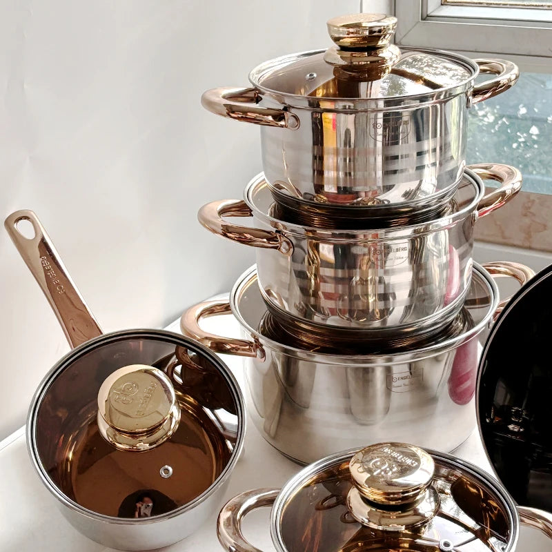 Heavy Thick German 12 Piece Stainless Steel Induction Cookware Set Kitchenware Nonstick Fry Pan Soup Stock Pots