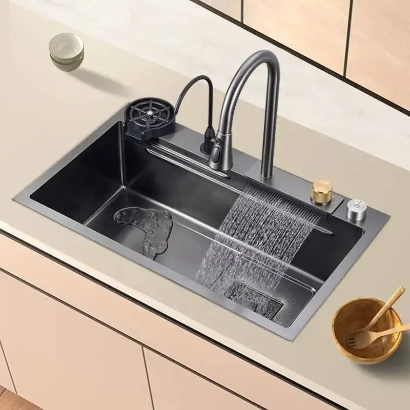 Multifunction 304 Stainless Steel Kitchen Sink Handmade Square Four Kitchen Faucet Waterfall Rainfall Design Kitchenware