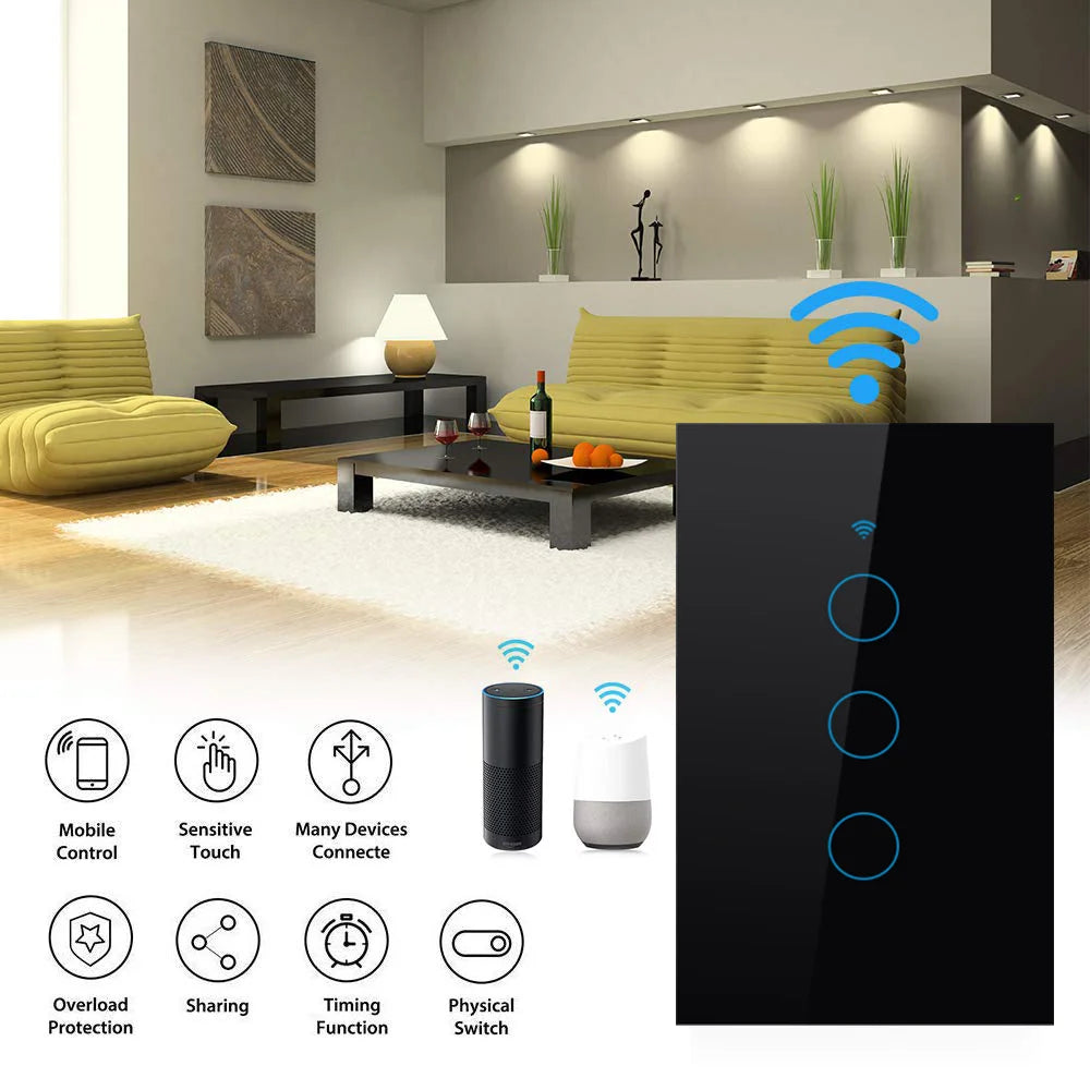 US Standard Wifi 3 Gang Switch Tuya Smart Switch Light Switch with Neutral 110V Power Smart Light Home Products