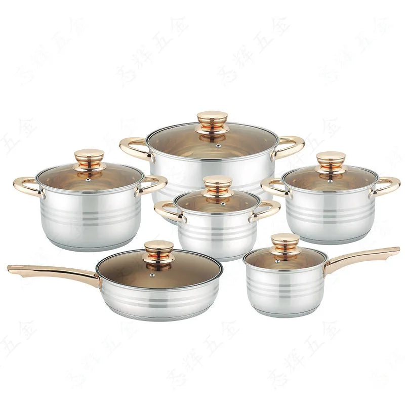 Heavy Thick German 12 Piece Stainless Steel Induction Cookware Set Kitchenware Nonstick Fry Pan Soup Stock Pots