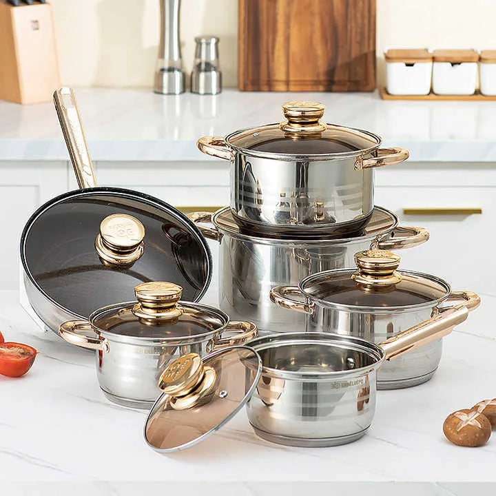 Heavy Thick German 12 Piece Stainless Steel Induction Cookware Set Kitchenware Nonstick Fry Pan Soup Stock Pots