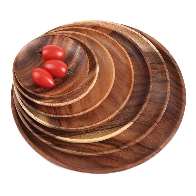 Natural Wooden Kitchenware Products Acacia Thick Personalized Food Serving Reusable Wood Plate for Dinnerware