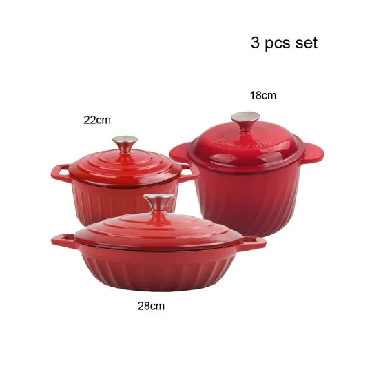 Modern Design 3-Piece Cast Iron Enamel Soup Paella Stew Pot Set Eco-Friendly Metal Kitchenware