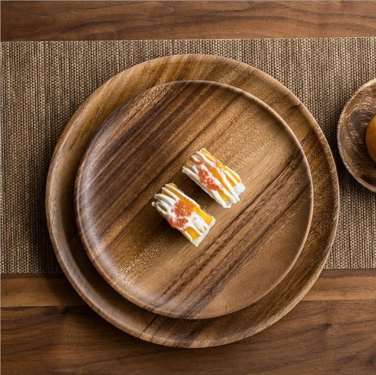 Natural Wooden Kitchenware Products Acacia Thick Personalized Food Serving Reusable Wood Plate for Dinnerware