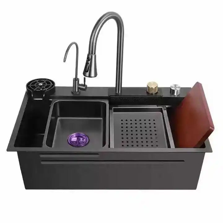 Multifunction 304 Stainless Steel Kitchen Sink Handmade Square Four Kitchen Faucet Waterfall Rainfall Design Kitchenware