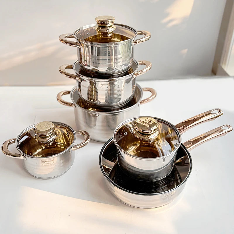 Heavy Thick German 12 Piece Stainless Steel Induction Cookware Set Kitchenware Nonstick Fry Pan Soup Stock Pots