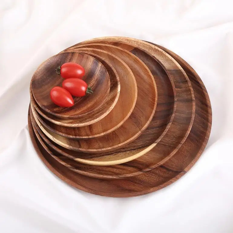 Natural Wooden Kitchenware Products Acacia Thick Personalized Food Serving Reusable Wood Plate for Dinnerware