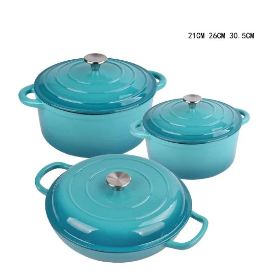 Modern Design 3-Piece Cast Iron Enamel Soup Paella Stew Pot Set Eco-Friendly Metal Kitchenware