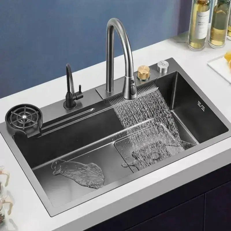 Multifunction 304 Stainless Steel Kitchen Sink Handmade Square Four Kitchen Faucet Waterfall Rainfall Design Kitchenware