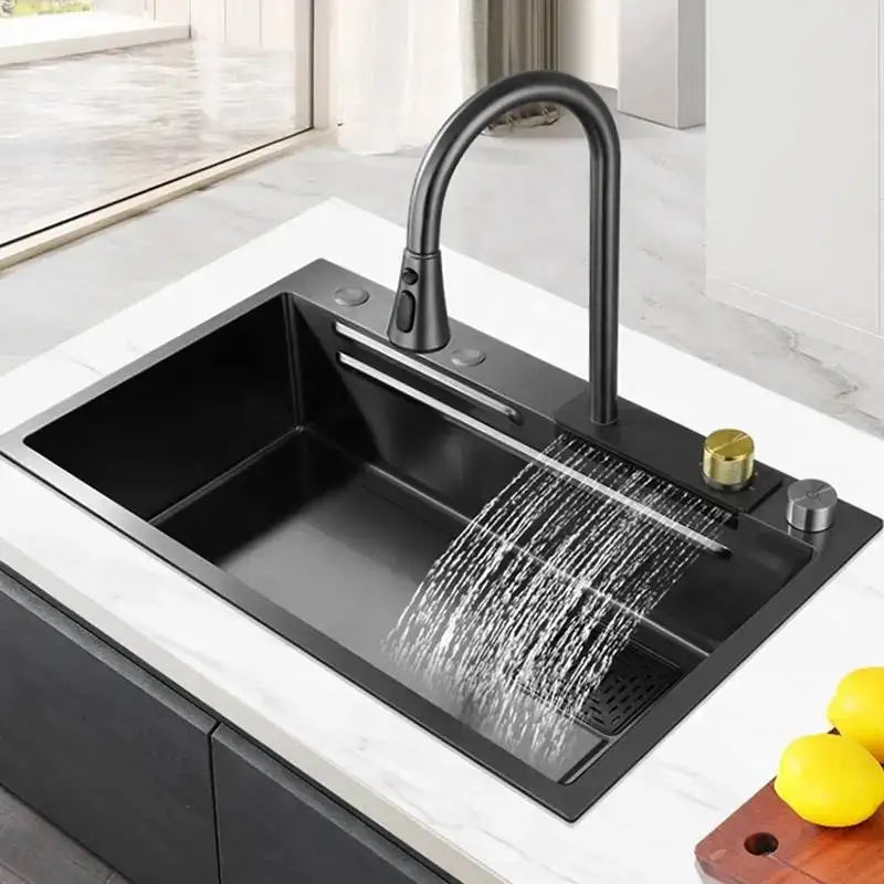 Multifunction 304 Stainless Steel Kitchen Sink Handmade Square Four Kitchen Faucet Waterfall Rainfall Design Kitchenware
