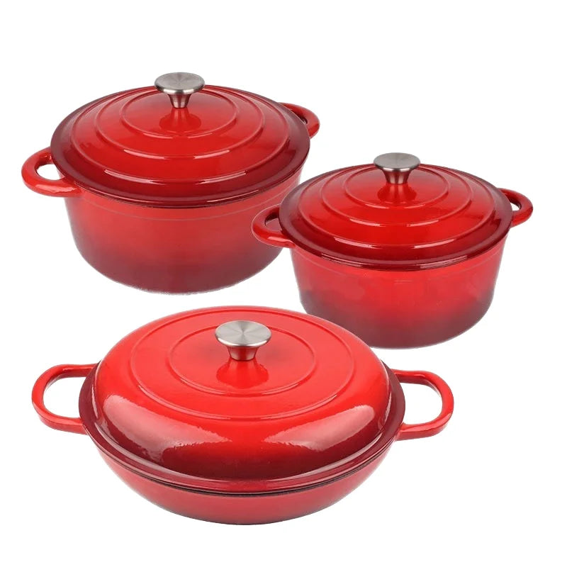 Modern Design 3-Piece Cast Iron Enamel Soup Paella Stew Pot Set Eco-Friendly Metal Kitchenware