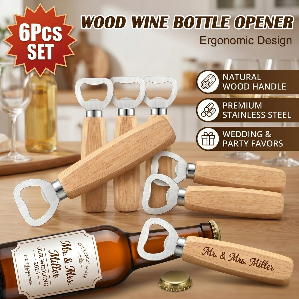 6Pcs Wood Wine Bottle Opener Beer Bottle Openers Engravable Bottle Opener for Home Bar Restaurant Party Wedding Favors DIY Gift