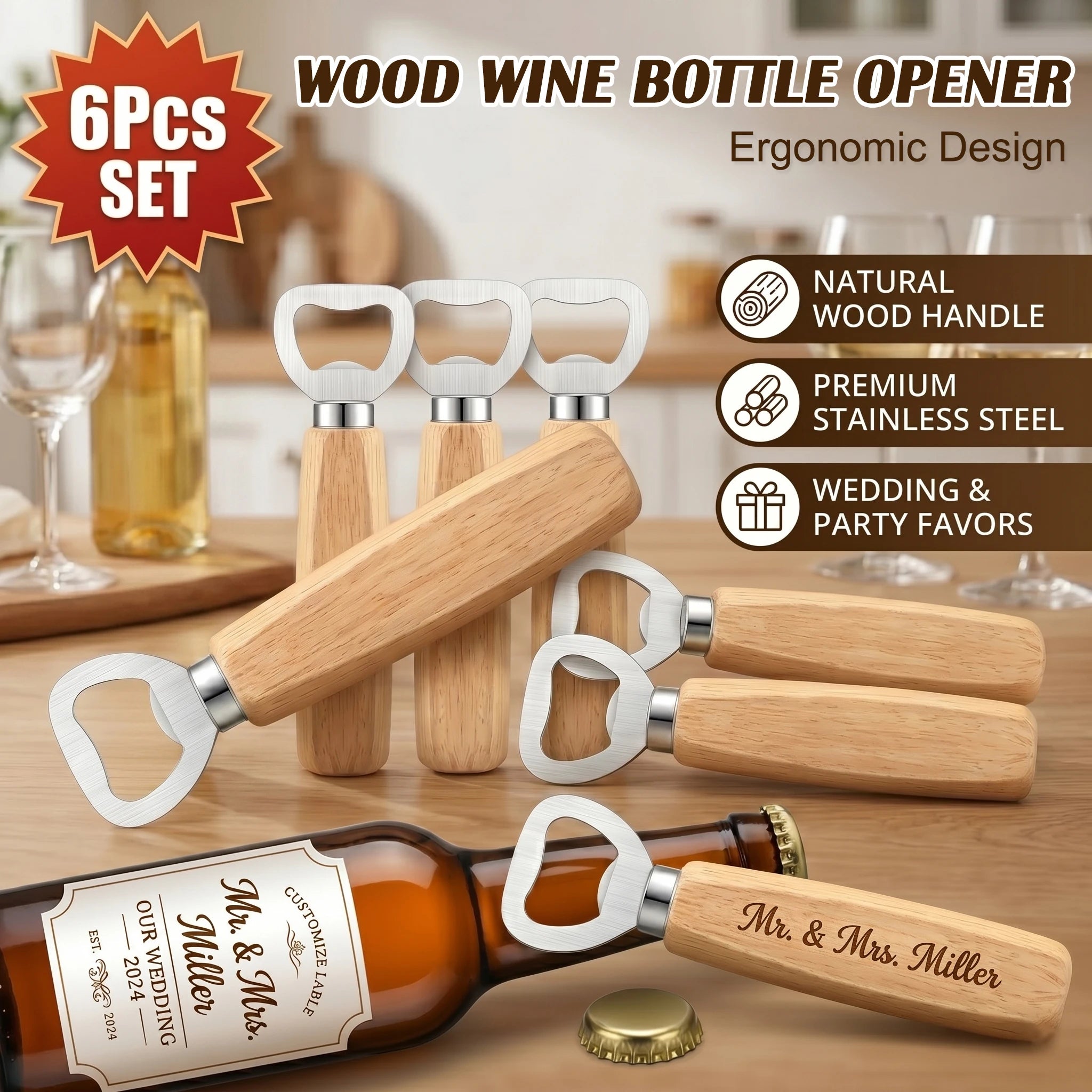 6Pcs Wood Wine Bottle Opener Beer Bottle Openers Engravable Bottle Opener for Home Bar Restaurant Party Wedding Favors DIY Gift