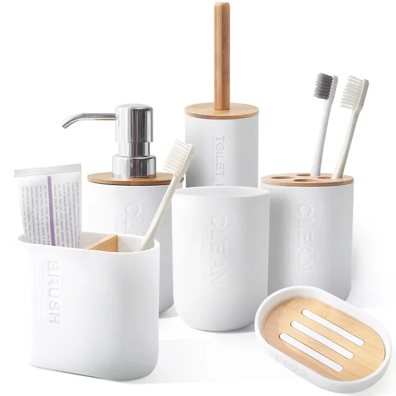 Household Bathroom Supply Washing Tools Bamboo Soap Dish Soap Dispenser Toothbrush Holder Toilet Brush Bathroom Accessories