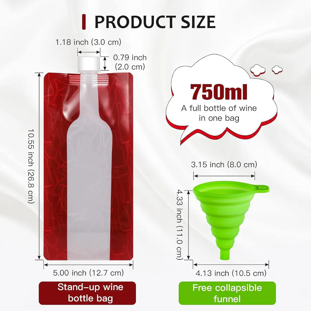 5Pcs Portable 750ML Wine Bag Flask Reusable Collapsible Wine Bottles Leak-Proof Travel Accessory with Funnel for Camping, Beach
