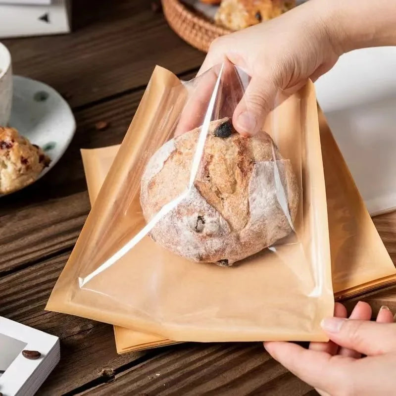 100PCS Food Packaging Bag with Transparent Window Heat-resistant Oil Resistant Kraft Paper Bag Suitable for Bread Toast