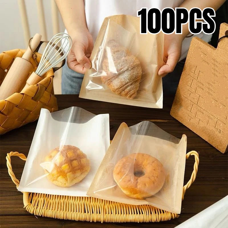 100PCS Food Packaging Bag with Transparent Window Heat-resistant Oil Resistant Kraft Paper Bag Suitable for Bread Toast