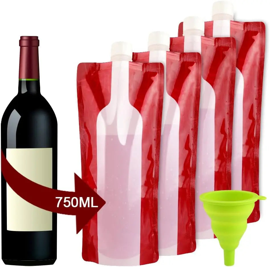 5Pcs Portable 750ML Wine Bag Flask Reusable Collapsible Wine Bottles Leak-Proof Travel Accessory with Funnel for Camping, Beach