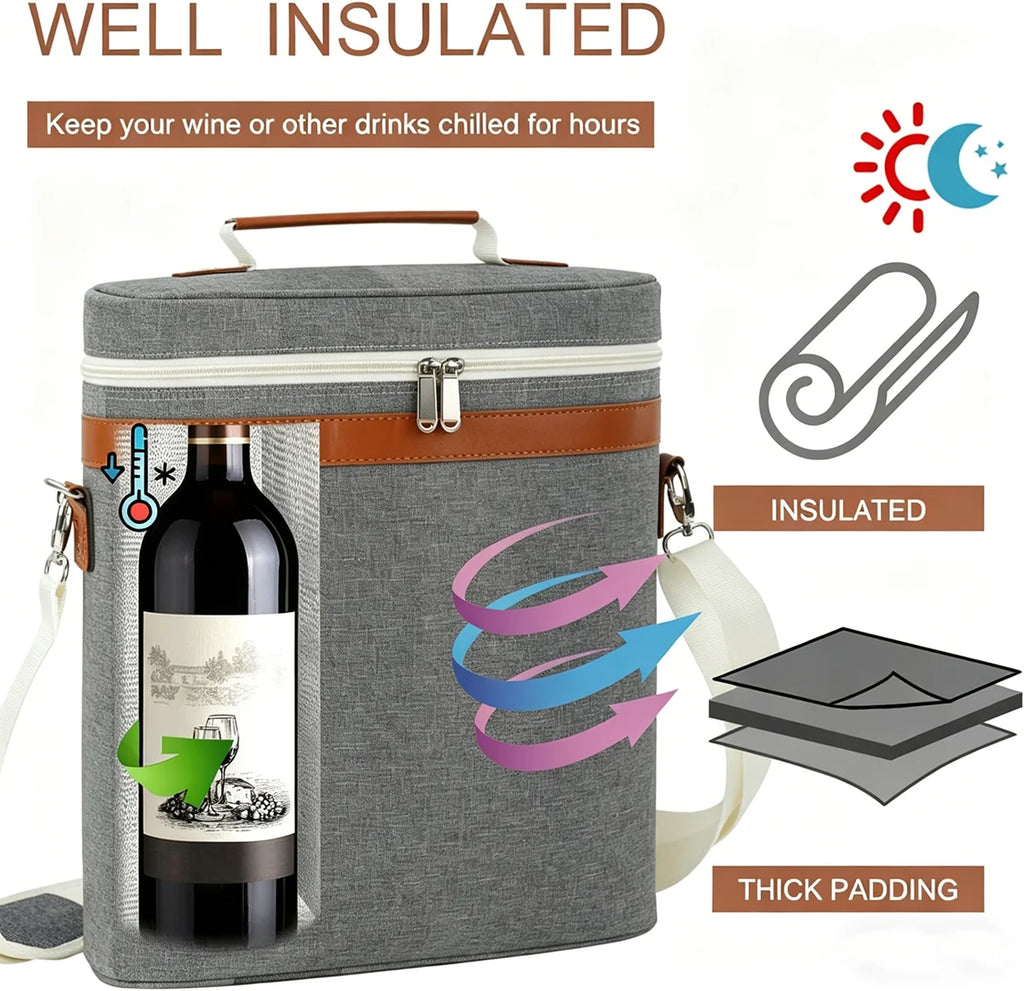 2 /3 Bottles Insulated Wine Carrier Bag for Travel,  Perfect Wine Lover's Gift, Great for Picnics and Outdoor Entertaining