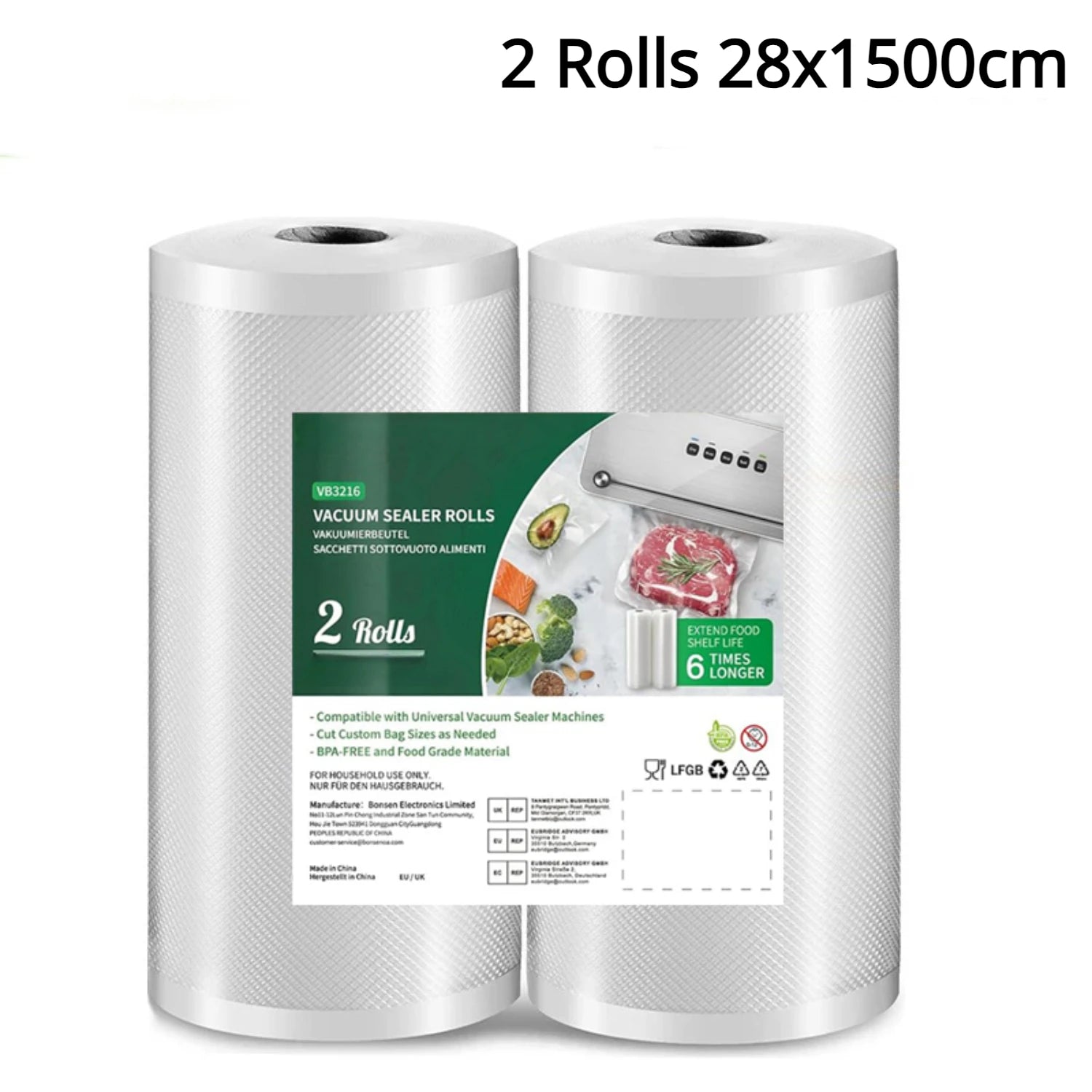 2 Roll Vacuum Packaging Sealer Bags for Food Fresh Long Keeping, 20/28 X 500cm Food Preservation and Vacuum Cooking Embossed Bag