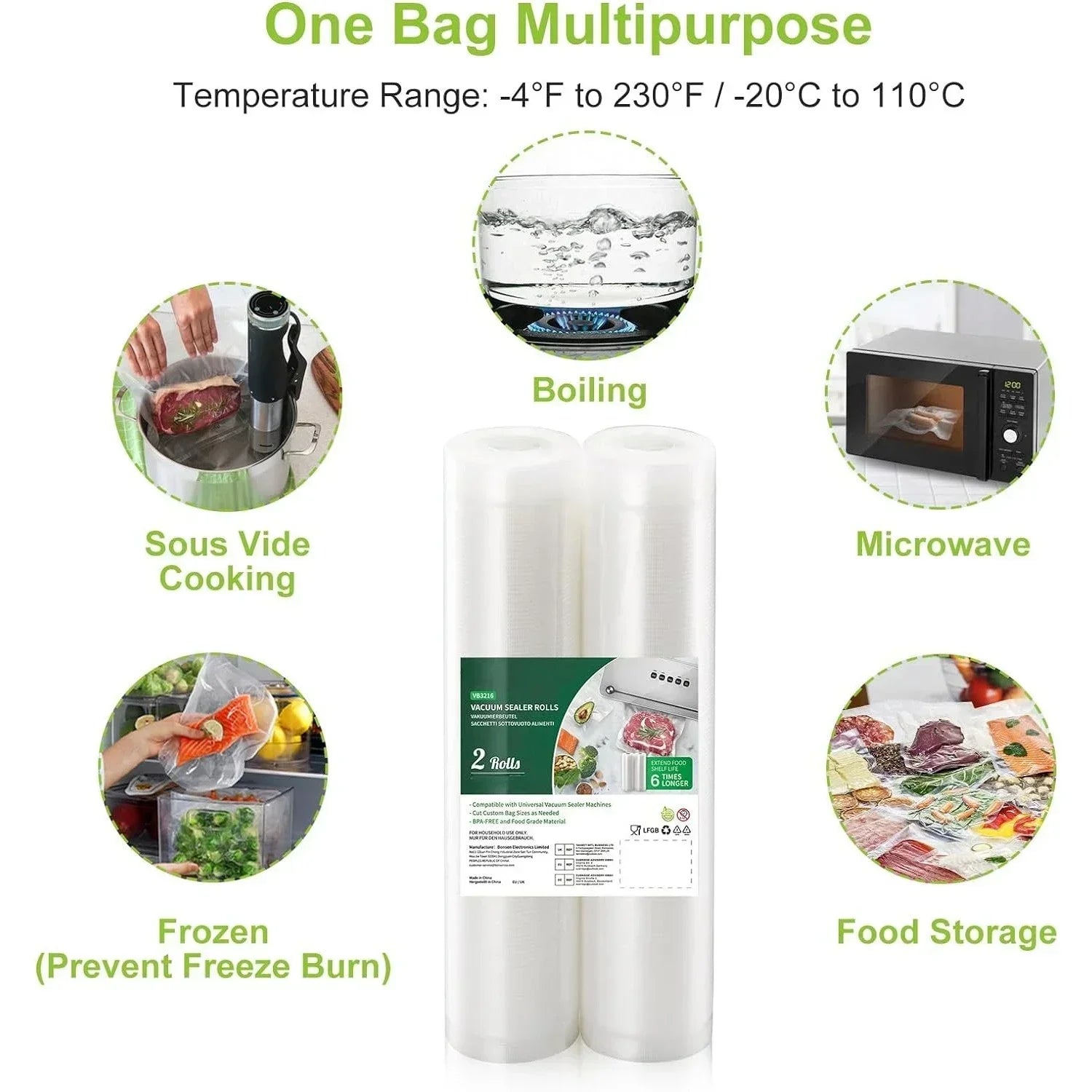 2 Roll Vacuum Packaging Sealer Bags for Food Fresh Long Keeping, 20/28 X 500cm Food Preservation and Vacuum Cooking Embossed Bag