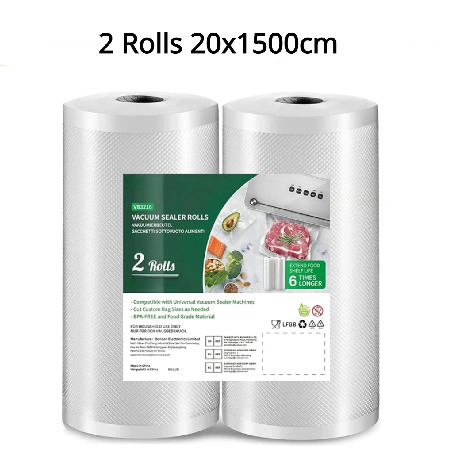2 Roll Vacuum Packaging Sealer Bags for Food Fresh Long Keeping, 20/28 X 500cm Food Preservation and Vacuum Cooking Embossed Bag