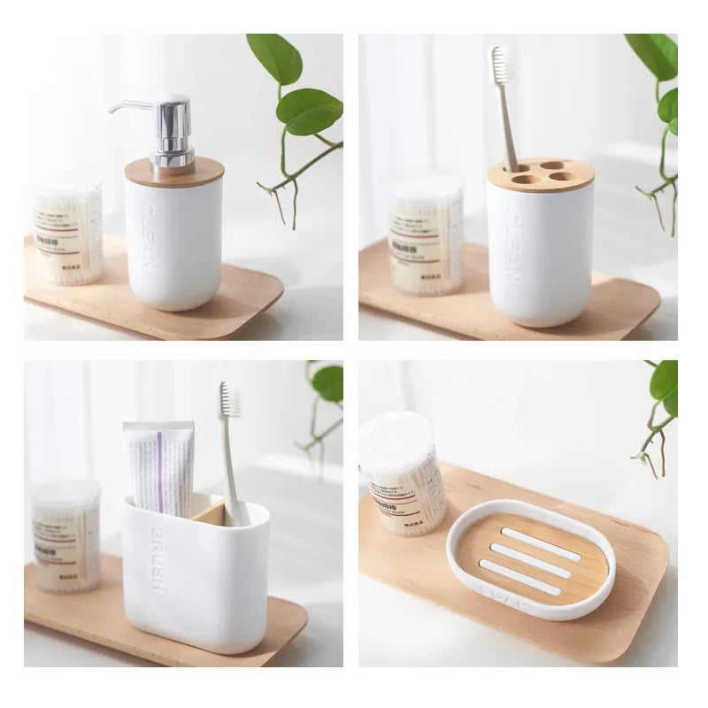 Household Bathroom Supply Washing Tools Bamboo Soap Dish Soap Dispenser Toothbrush Holder Toilet Brush Bathroom Accessories
