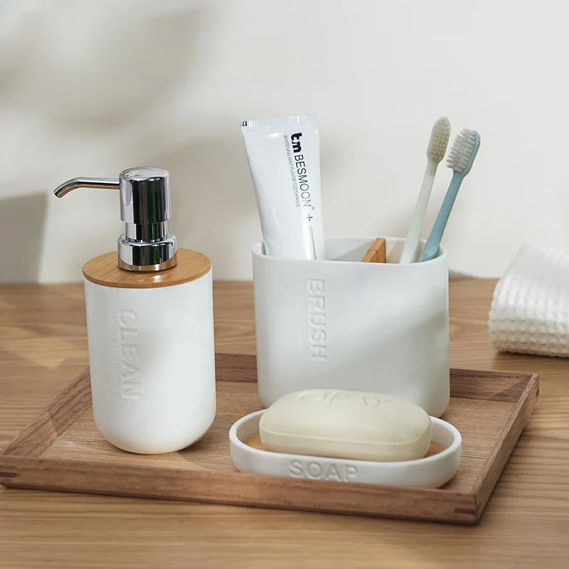 Household Bathroom Supply Washing Tools Bamboo Soap Dish Soap Dispenser Toothbrush Holder Toilet Brush Bathroom Accessories