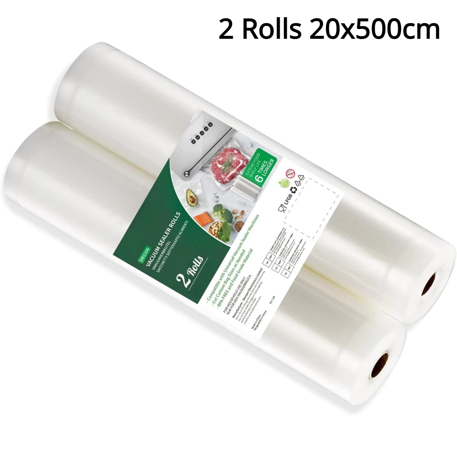 2 Roll Vacuum Packaging Sealer Bags for Food Fresh Long Keeping, 20/28 X 500cm Food Preservation and Vacuum Cooking Embossed Bag