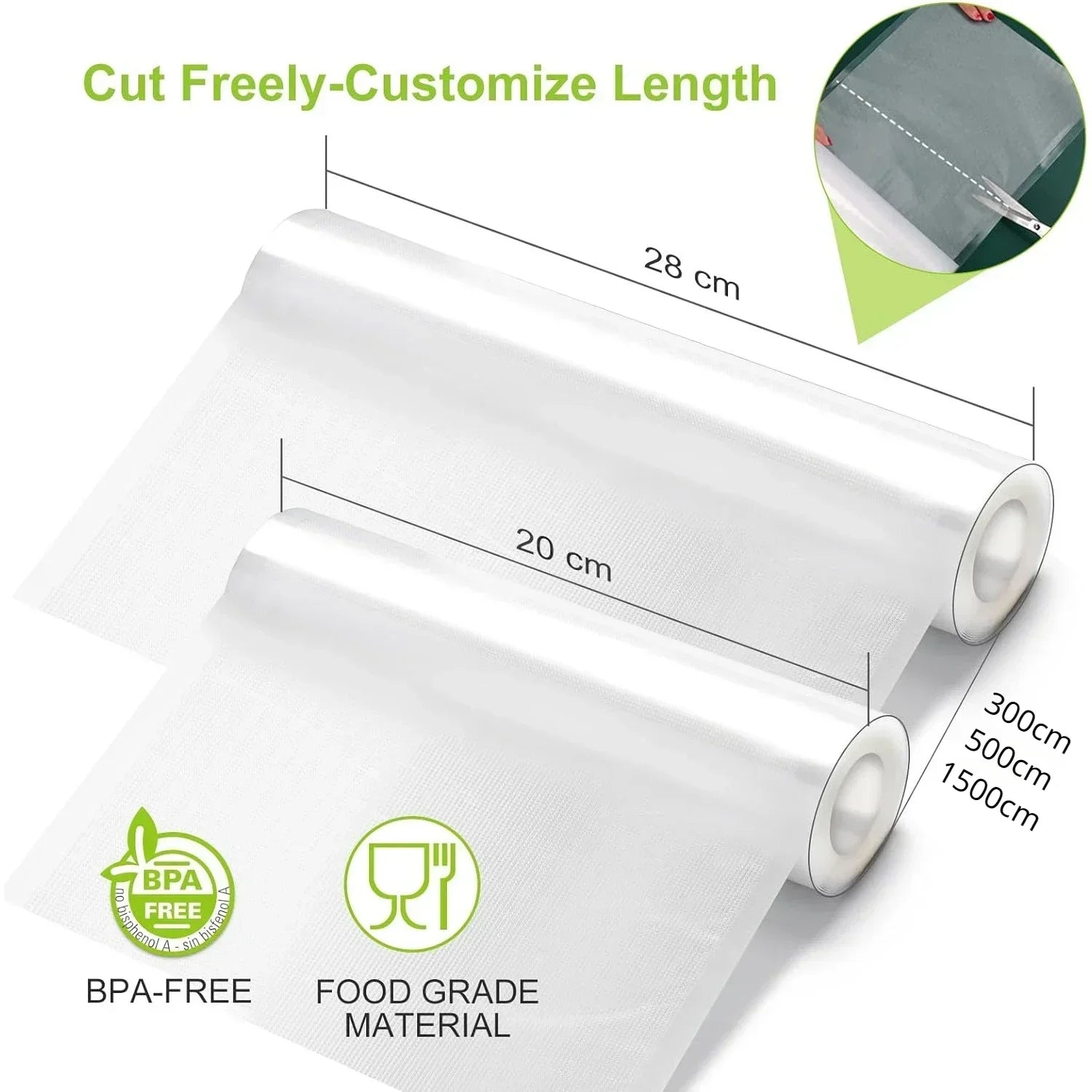 2 Roll Vacuum Packaging Sealer Bags for Food Fresh Long Keeping, 20/28 X 500cm Food Preservation and Vacuum Cooking Embossed Bag